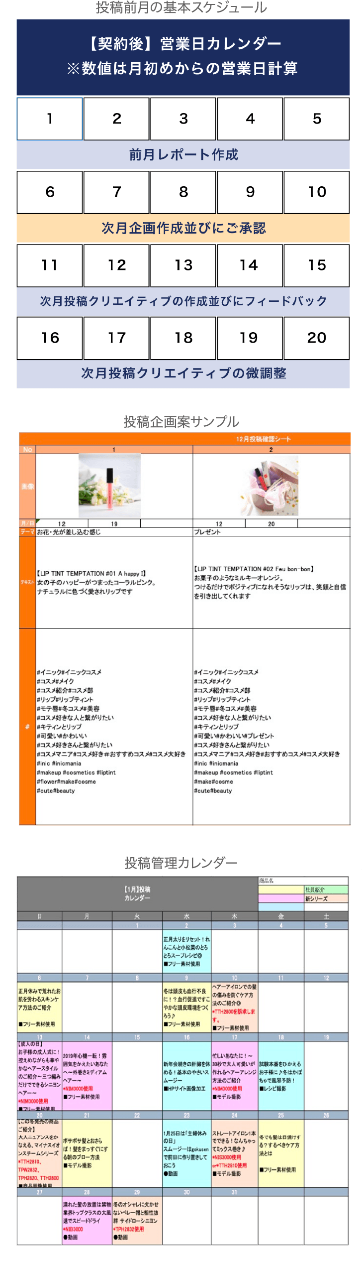 投稿前月の基本スケジュール、投稿企画案サンプル、投稿管理カレンダー