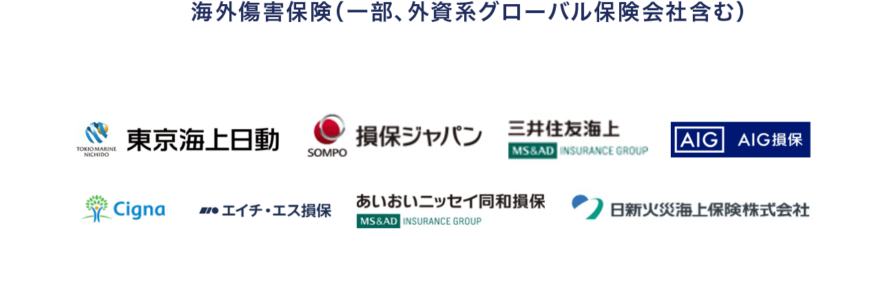 東京海上日動、損保ジャパン、三井住友海上、AIG保険(旧AIU)、あいおいニッセイ同和損保、日新火災海上保険株式会社、エイチ・エス損保、Cigna