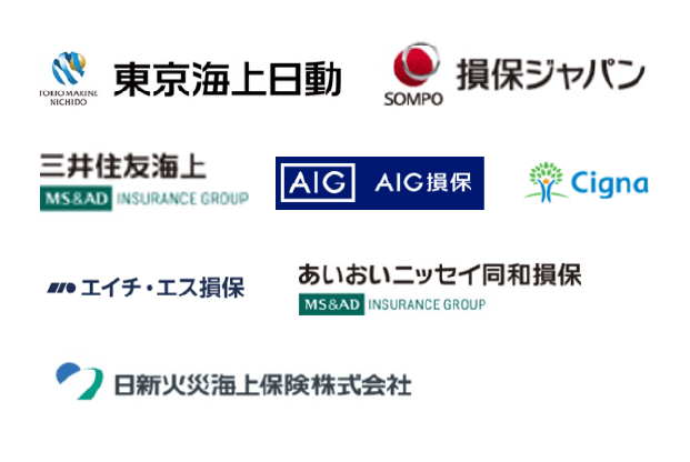 東京海上日動、損保ジャパン、三井住友海上、AIG保険(旧AIU)、あいおいニッセイ同和損保、日新火災海上保険株式会社、エイチ・エス損保、Cigna